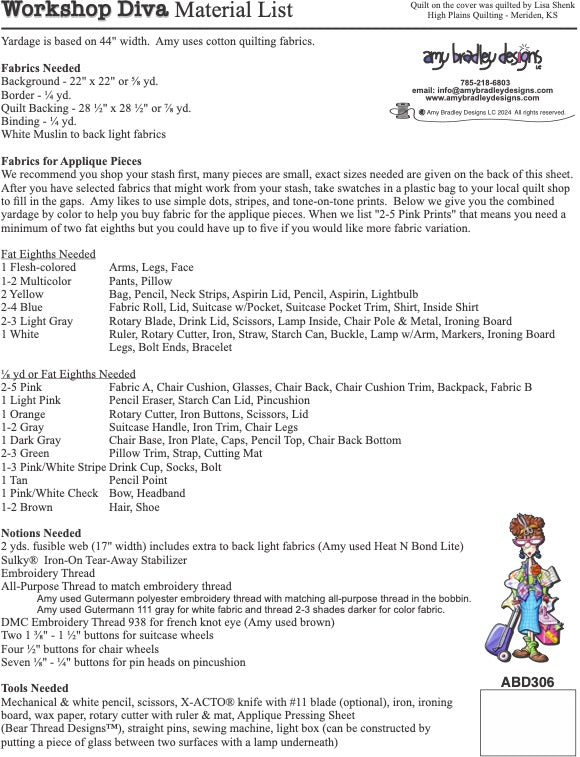 Workshop Diva Quilt Pattern & Fabric Kit